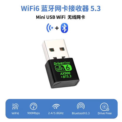 AX900 USB WiFi 6 and Bluetooth 5.3 Dual Band 2-in-1 Adapter - Driver-Free Wireless Network Receiver for 2.4GHz and 5GHz